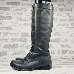 BX by Bronx Black Leather Round Toe Front Zip Knee High Riding Boots i982
